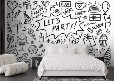 Doodle party elements Hand drawn set. Sketch icons for invitation, flyer, poster Wall mural