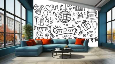 Doodle party elements Hand drawn set. Sketch icons for invitation, flyer, poster Wall mural