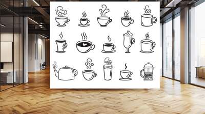 Hand drawn hot drinks set. Doodle coffee cups white background. Coffee, tea, cappuccino, espresso, latte, americano, hot chocolate Wall mural