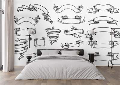 Hand drawn ribbons vintage set. Doodle style black color sketch. Isolated elements. Wall mural