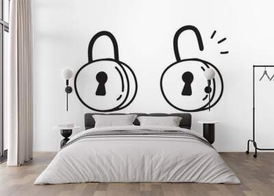 Open closed doodle lock. Hand drawn sketch style. the concept of lock and unlock. Two options Wall mural