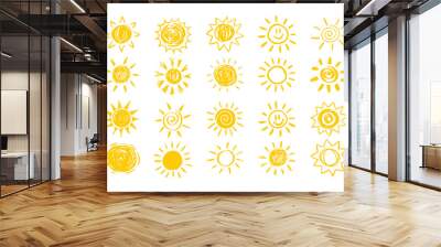 Set of yellow suns in Flat design isolated white background. funny icons sun doodle. Modern simple flat sunlight sign.  Wall mural