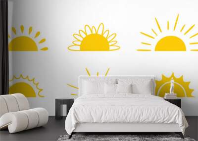 Yellow semicircle doodle half sun Hand drawn icons set doodle style. Sunset simple graphic symbols. Summer heat icons. Half round solar element. Wall mural