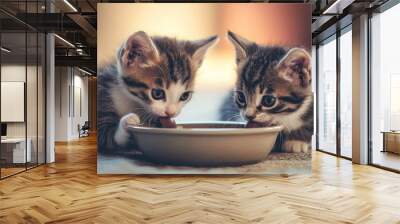 Curious Kittens Sharing a Meal: Adorable Pet Bonding Moment in Bowl, 4K Wallpaper Wall mural