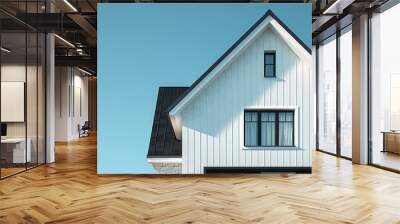 Elegant White House with Black Roof Under Azure Sky, Showcasing Diverse Rooftop Styles and Their Aesthetic Impact on Home Design Wall mural