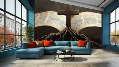 Unshakeable Foundation of Faith: The Cross and Its Roots in an Open Bible, Symbolizing the Immutable Principles and Core Tenets of Christian Belief Wall mural