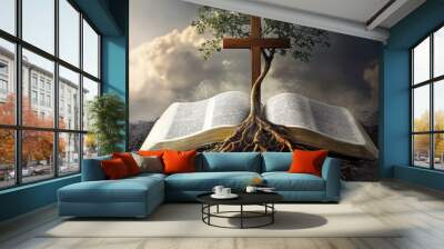 Unshakeable Foundations of Faith: The Cross and Its Roots in an Open Bible, Symbolizing the Immutable Principles and Core Tenets of Christian Belief. Wall mural