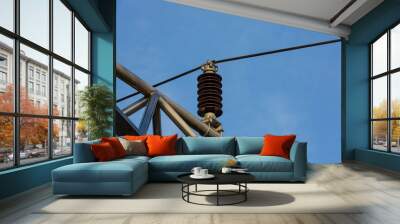 Close up of brown power line isolator on blue sky Wall mural