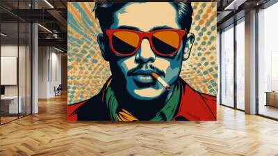 a man wearing shades and cigarette on his mouth background Wall mural