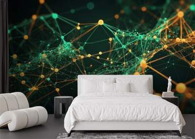 Abstract digital connection Emerald Green and Apricot dots and lines. In 3D and plexus effect, showcasing a network structure Wall mural