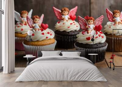 set of cupid design cupcakes on aesthetic wooden table background Wall mural