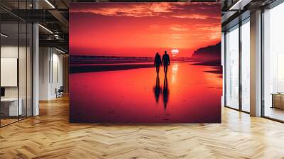 A panning shot of a romantic beach sunset, with a couple silhouetted against the orange and pink sky, holding each other closely - AI generated Wall mural