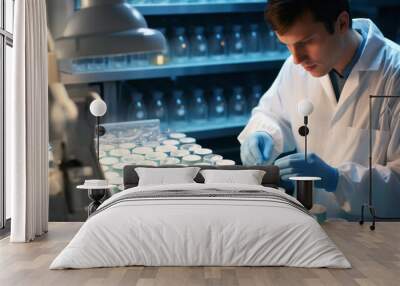 Scientist working in laboratory. Young man in white coat and blue gloves working with microscope Wall mural