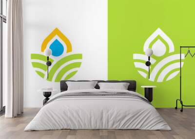 natural and organic farming land logo with water drop and sun element, simple environmental logo Wall mural