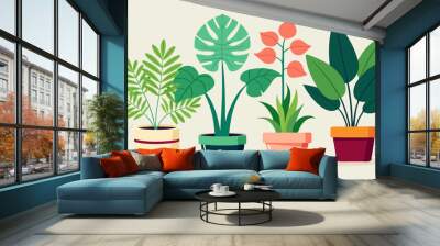 Set of trendy potted plants for home. Different indoor houseplants isolated on white background. Alocasia, begonia, fan palm, monstera, ficus, strelitzia and oxalis. Colored flat graphic Wall mural