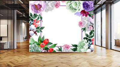 Bouquet flower frame in a watercolor style. Full name of the plant: rose, hulthemia, rosa. Aquarelle wild flower for background, texture, wrapper pattern, frame or border. Wall mural