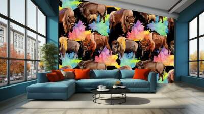 Exotic bison wild animal pattern in a watercolor style. Full name of the animal: bison, buffalo. Aquarelle wild animal for background, texture, wrapper pattern or tattoo. Wall mural