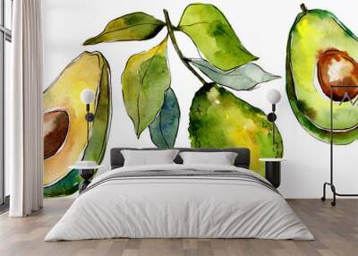 Exotic green avocado wild fruit in a watercolor style isolated. Full name of the fruit: avocado. Aquarelle wild fruit for background, texture, wrapper pattern or menu. Wall mural