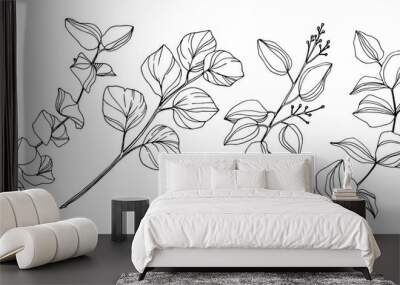 Vector Eucalyptus tree leaves. Black and white engraved ink art. Isolated eucalyptus illustration element. Wall mural