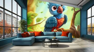 Cute Cartoon Parrot in a Tree Wall mural