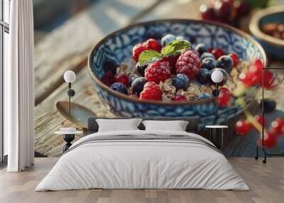 Here's an image depicting a bowl filled with fresh, ripe berries like raspberries, strawberries, blueberries, and blackberries, which could symbolize a healthy breakfast or dessert The image showcases Wall mural