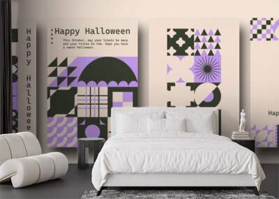 Vector set of Bauhaus Inspired Halloween posters. Geometric minimalist modern brutalist bold shapes and primitive swiss blocks style. Trendy groovy hippie retro Y2k aesthetic. Wall mural