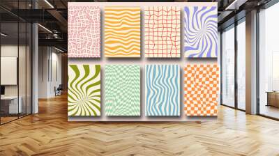 Vector set of Groovy hippie 70s backgrounds. Checkerboard, chessboard, mesh, waves patterns. Twisted and distorted vector texture in trendy retro psychedelic style. Y2k aesthetic. Wall mural