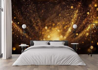 background with bokeh, lights in the night, water drops on the window, sunset in the city, Gold. Glitter vintage lights background. dark gold and black Wall mural