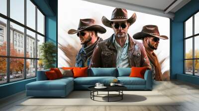 cowboy with his horse, two hearts on white background,  illustrations of red bandanas, common accessories for bikers and cowboys, isolated on white., red silk scarf Wall mural