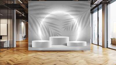 Abstract neon banner with podiums. 3d pedestals with white neon circle. Abstract background for promotion goods. Vector illustration with blank space and tropical leaves' shadows. Mockup template. Wall mural