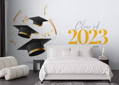 Banner for design of graduation 2023. Graduation caps, golden confetti and serpentine. Congratulations graduates of 2023. Vector illustration for decoration of degree ceremony in social media. Wall mural