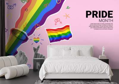 Bright collage for Pride Month events. Vector banner with halftone hands, loudspeaker and rainbow flags. Collage with rainbow heart, cut out paper elements and doodles for decoration of LGBT events. Wall mural