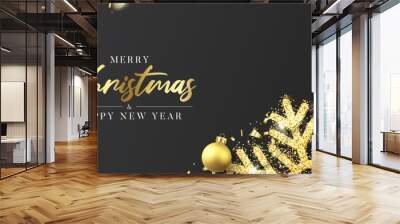 Christmas horizontal banner template. Festive New Year background with realistic black gift box, gold snowflakes and sparkling light garlands. Vector illustration with Christmas balls, confetti. Wall mural