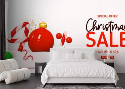 Christmas sale banner template. Vector illustration with holiday decorations and candy number with amount of discount. Ad background with realistic 3d elements for Christmas sale. Wall mural