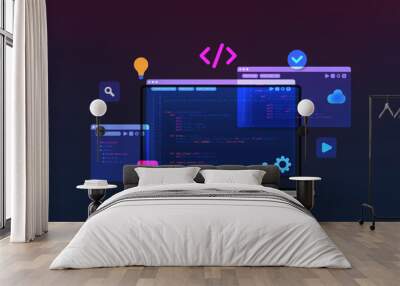 Concept of computer programming or developing software or game. Vector 3d illustration with coding symbols and programming windows. Concept of Information technologies and computer engineering. Wall mural