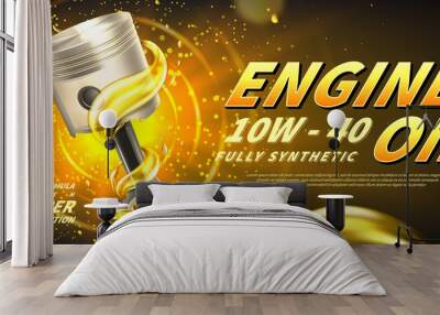 Engine oil advertisement background. Vector illustration with realistic piston and motor oil on bright background. 3d ads template. Wall mural