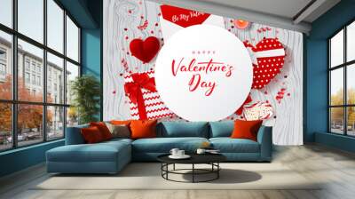 Happy Valentine's Day Festive Card. Top View on Composition with Gift Boxes, Confetti and Serpentine on Wooden Texture. Vector Illustration. Decoration Banner with Lollipop and Candles. Wall mural