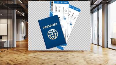 International passport and tickets on plane. Vector illustration with realistic international passport and tickets on plane. 3d realistic vector objects isolated on checkered background. Wall mural