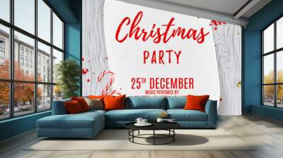 Merry Christmas party flyer. Top view on Xmas composition with gift box, golden confetti and red balls. Design of invitation to night club. Elegant vector illustration. Wall mural