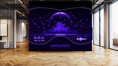 Metaverse city future concept. View from vr glasses on concept of virtual digital reality. Simulation of network futuristic world. Future digital technology metaverse. 3d vector illustration. Wall mural