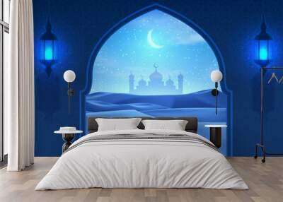 Muslim holiday card concept. Realistic night desert with starry sky, crescent and clouds. 3d vector illustration with silhouette of mosque and lanterns. Greeting card for muslim festival Eid Al-Adha. Wall mural