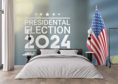 Promo banner for 2024 presidential election. USA flag stands on blurred background of city. Vote day. Vector illustration for USA election 2024 campaign. USA presidential election 2024. Wall mural