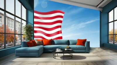 Realistic waving american flag. USA flag waving in wind at cloudy sky. Template of banner or poster for USA events. Symbol of United States of America isolated on cloudy sky. Vector illustration. Wall mural