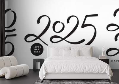 Set of Happy New Year 2025 lettering logos. Vector illustration with black numbers 2025 isolated on white background. New Year holiday logos template. Collection of 2025 happy new year symbols. Wall mural