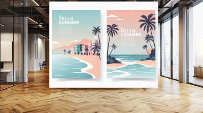 Summer posters with sea landscape. Minimalistic flat style cards for decoration summer travel, holiday, vacation. Vector cards with sea coast, mountains, palms and typography design. Trendy covers. Wall mural