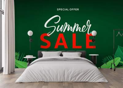 summer sale horizontal tropical banner. vector green illustration with tropical leaves in paper cut  Wall mural