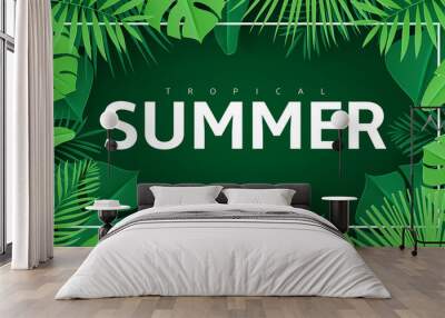 Tropical summer bakground with leaves. Vector illustration with tropical leaves in paper cut style on dark green background with white frame. Wall mural