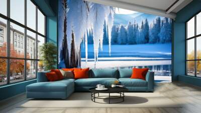 breathtaking icy landscape featuring sparkling icicles delicate snowflakes under clear winter sky, frost, cold, blue, nature, outdoors, beauty, crystal Wall mural