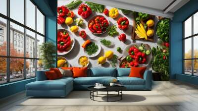 bright organized food preparation area showcasing fresh colorful ingredients clean surface, kitchen, utensils, bowls, countertop, vegetables, fruits Wall mural