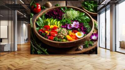 colorful plant based dish artfully arranged rustic wooden table showcasing fresh ingredients culinary creativity, bowl, plate, presentation, vegetable Wall mural